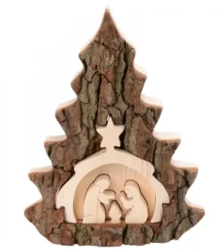 Crèche De Noël 16 Cm, Taillee Dans Une Ecorce De Bois En Forme De Sapin|Waldfabrik, photophore en bois et étoile sapin de Noël