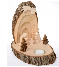 Petite Crèche De Noël En Ecorce De Bois Avec Sapins Et Bougeoir|Waldfabrik, photophore en bois et étoile sapin de Noël Discount
