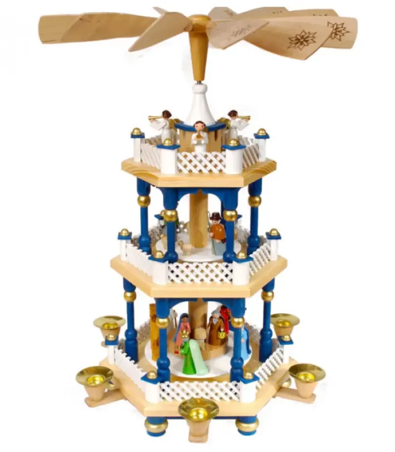 Weihnachtspyramid Allemande 2 Etages Blanc Bleu|Richard Glasser, Pyramides de Noël allemandes New